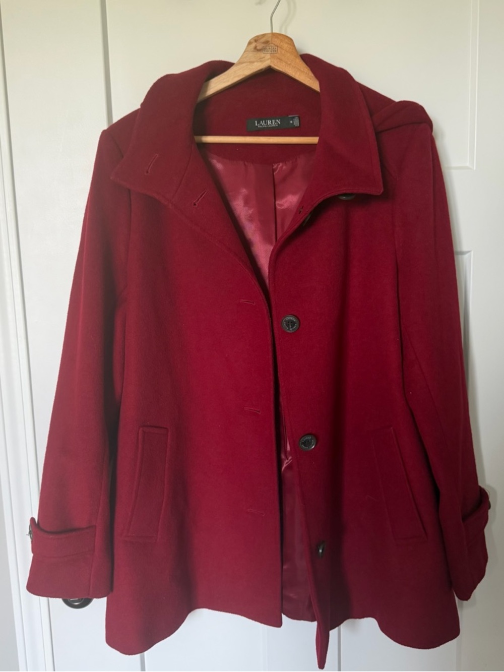 Lauren Ralph Lauren Women’s Wool Blend Red Hooded Pea Coat Size 14 Preppy